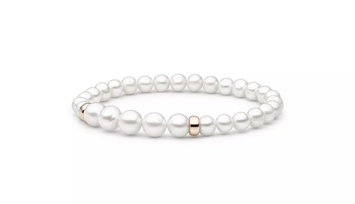 Modernes Perlenarmband weiß 14K Roségold plattiertem 925er Silber, 6-11 mm, 18 cm, Gaura Pearls, Estland